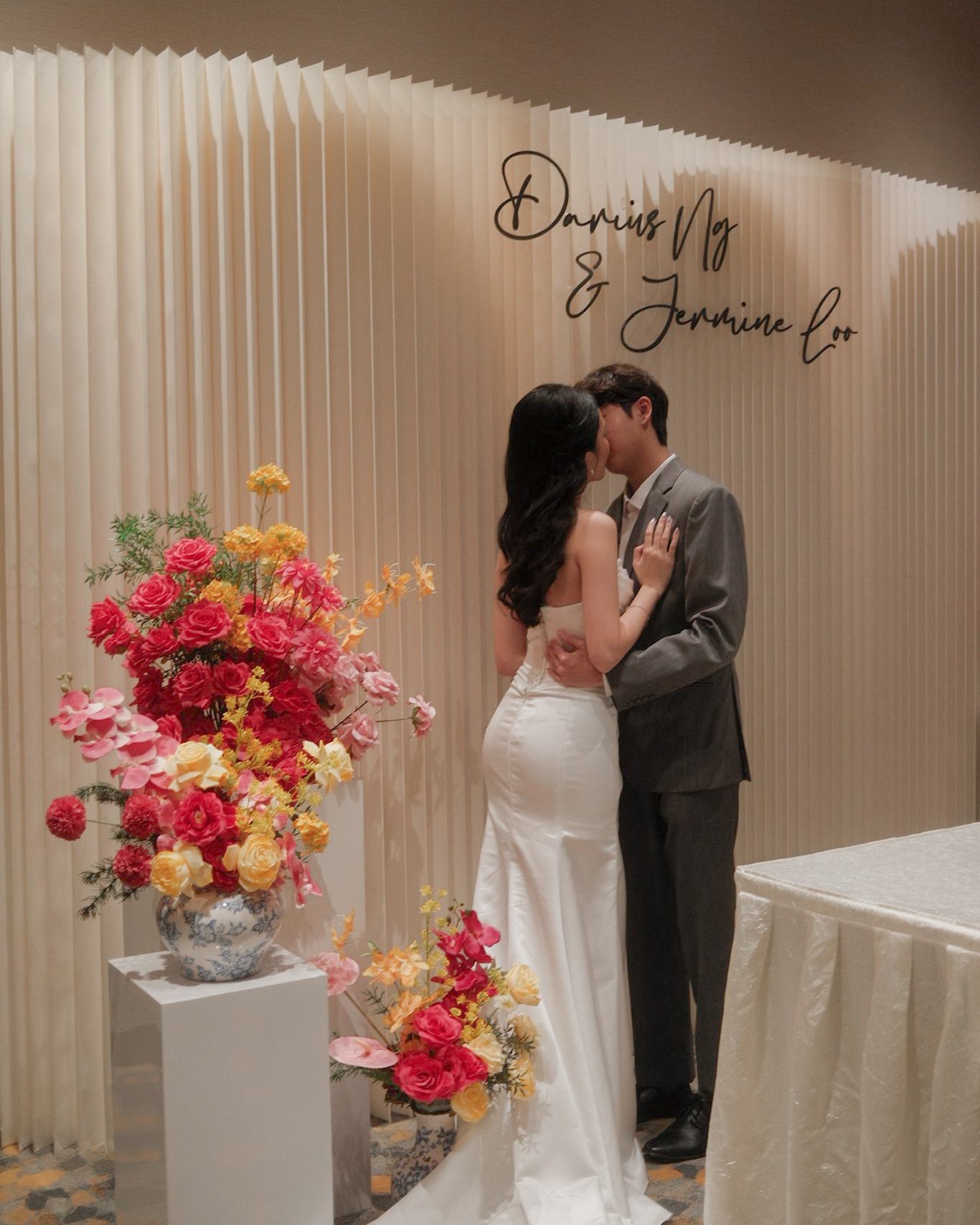 Oriental style flowers and backdrop for a wedding solemnisation ROM