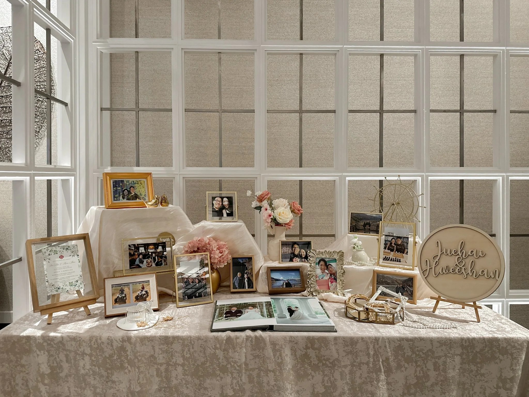 Photo display table reception table for a wedding reception in Mandarin Oriental