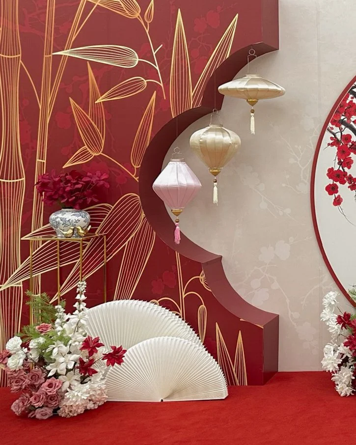 Traditional oriental Tea ceremony backdrop for a wedding at Safra with Lanterns and props