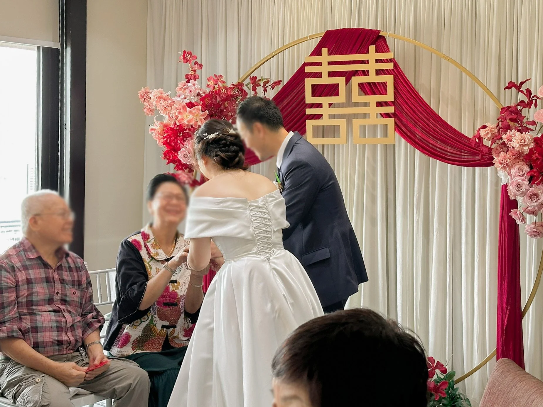 Double Xi Tea Ceremony Backdrop with pink and red flowers and drapes 双喜