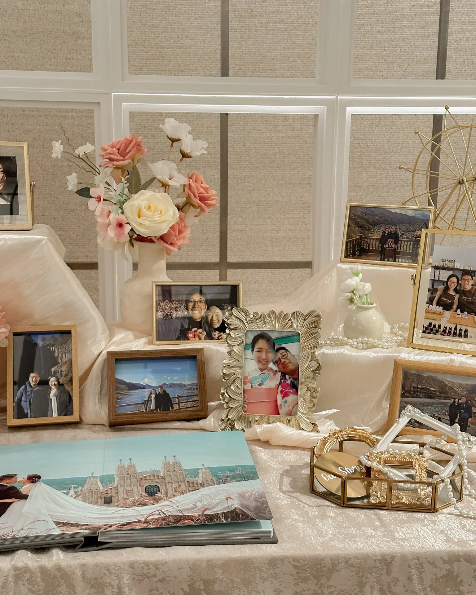 Photo display table reception table for a wedding reception in Mandarin Oriental