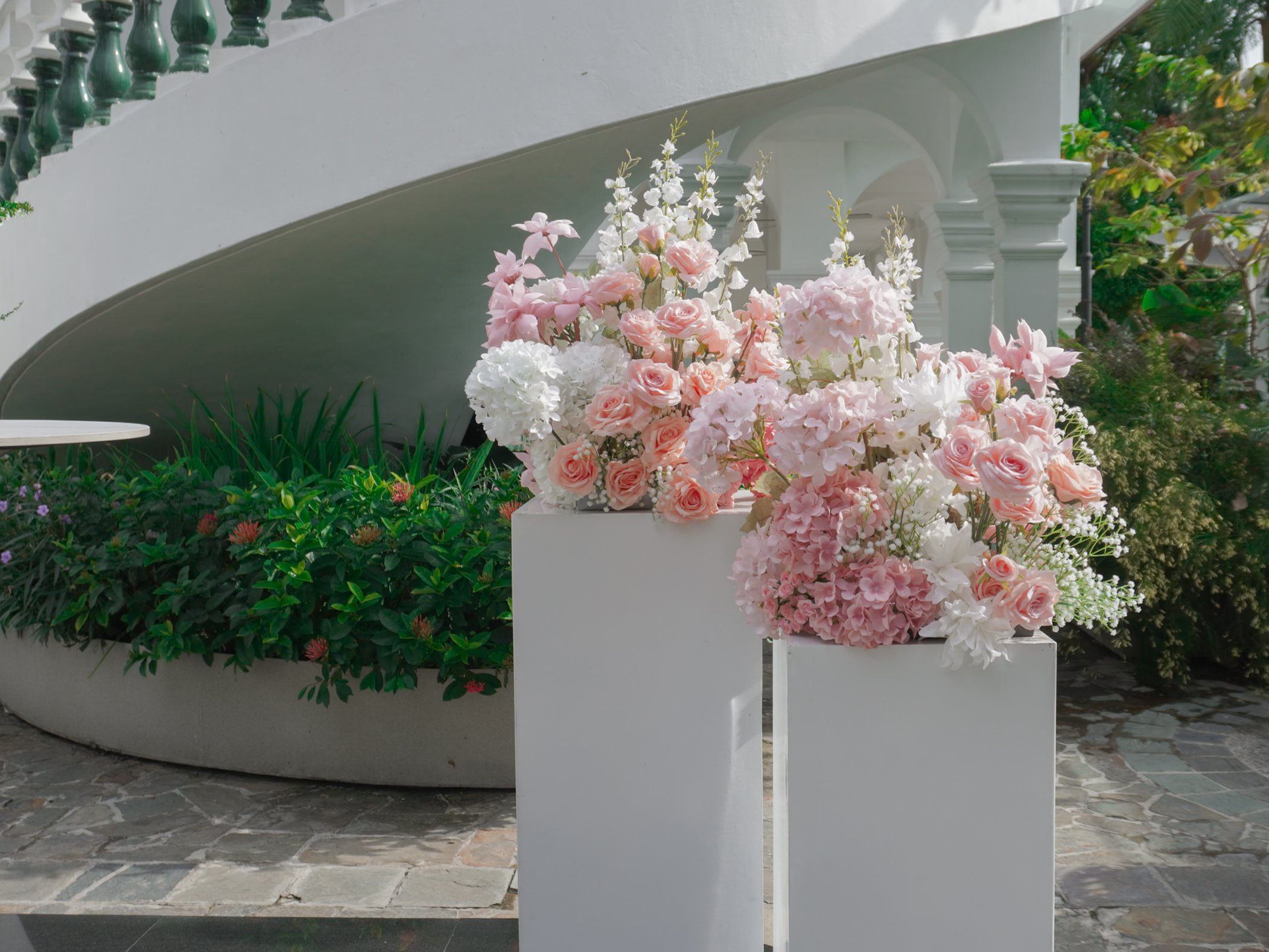 Pink and White Faux Floral Hedge at 1-flowerhill for a wedding reception and solemnisation wedding decorations wedding decor