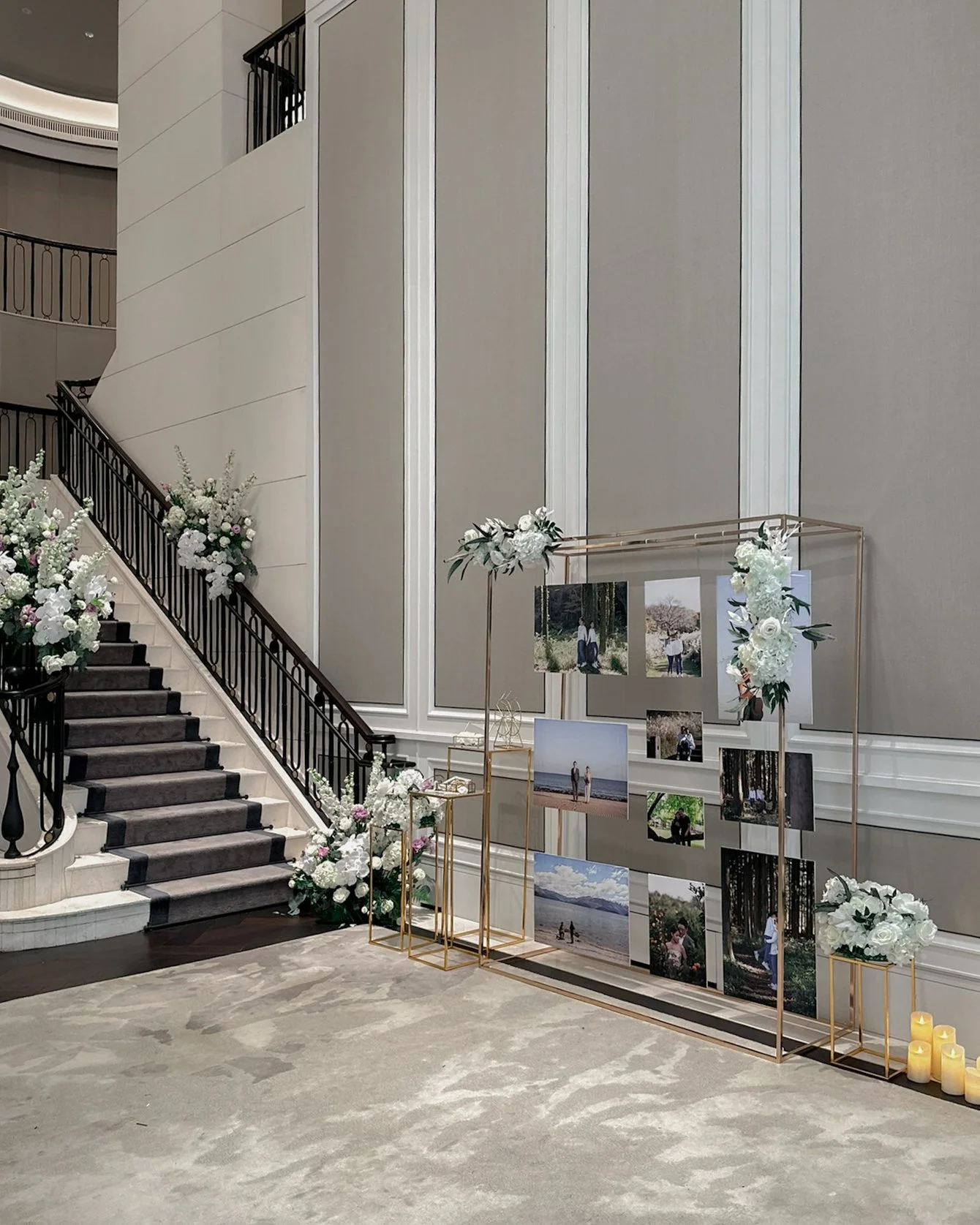 Photo display frame gallery stands for a wedding reception in Caroline Mansion St Regis Singapore