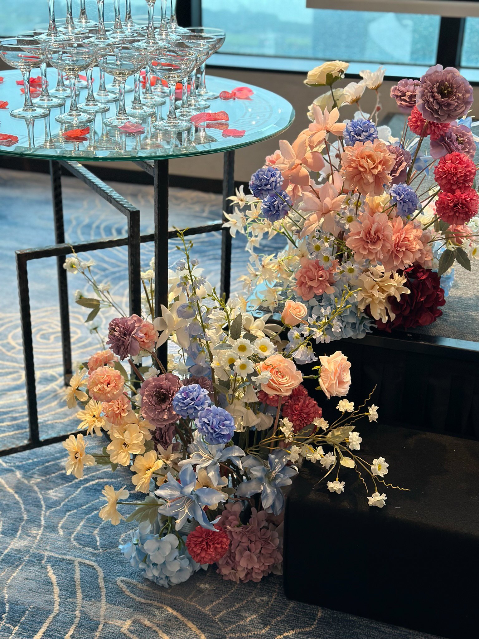 Repurposed flowers faux floral hedge for a stage decoration at tower club singapore ba xian restaurant