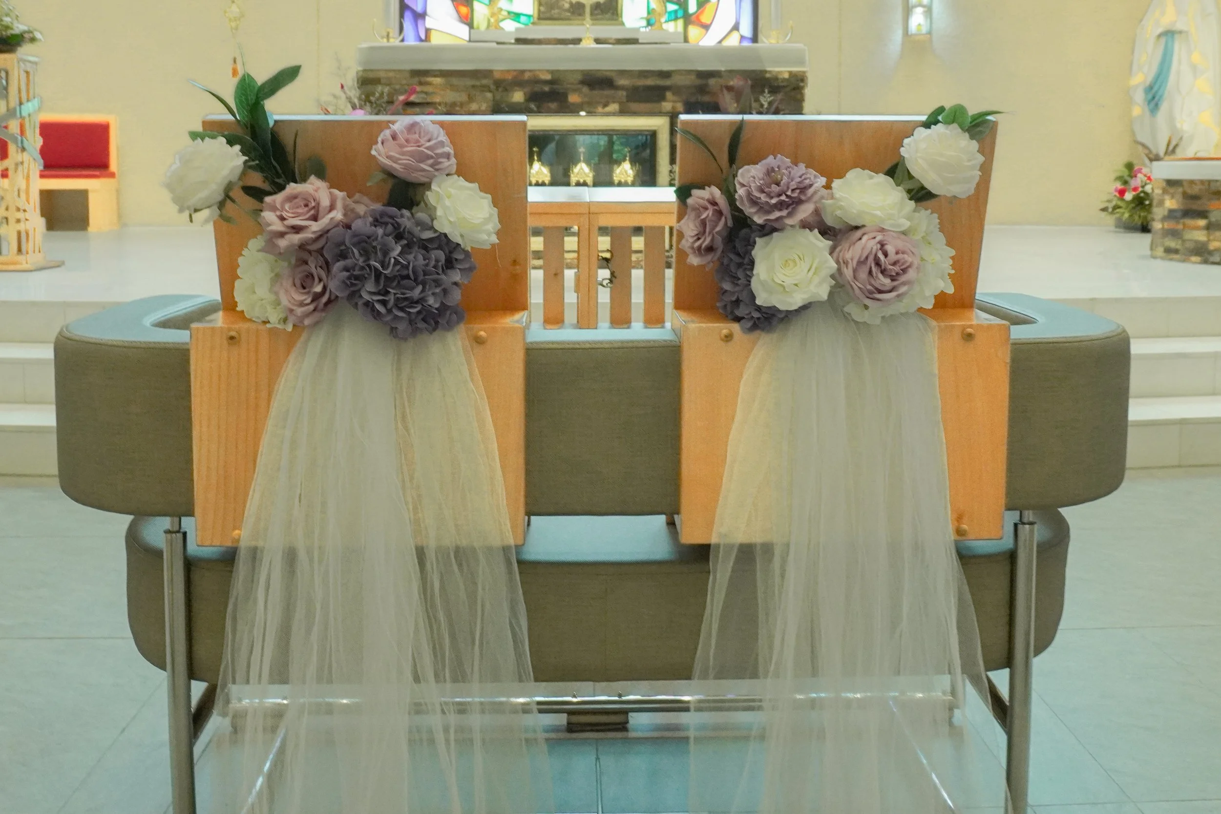 Purple and White Aisle Posie Posy for a church wedding