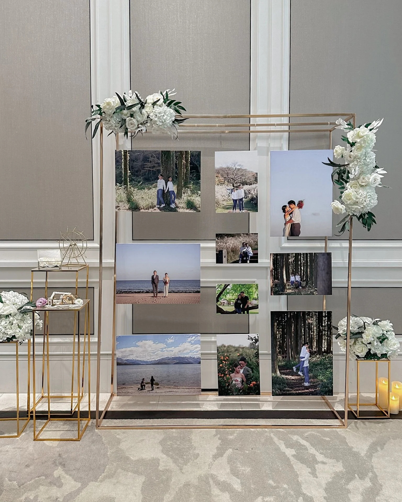 Photo display frame gallery stands for a wedding reception in Caroline Mansion St Regis Singapore