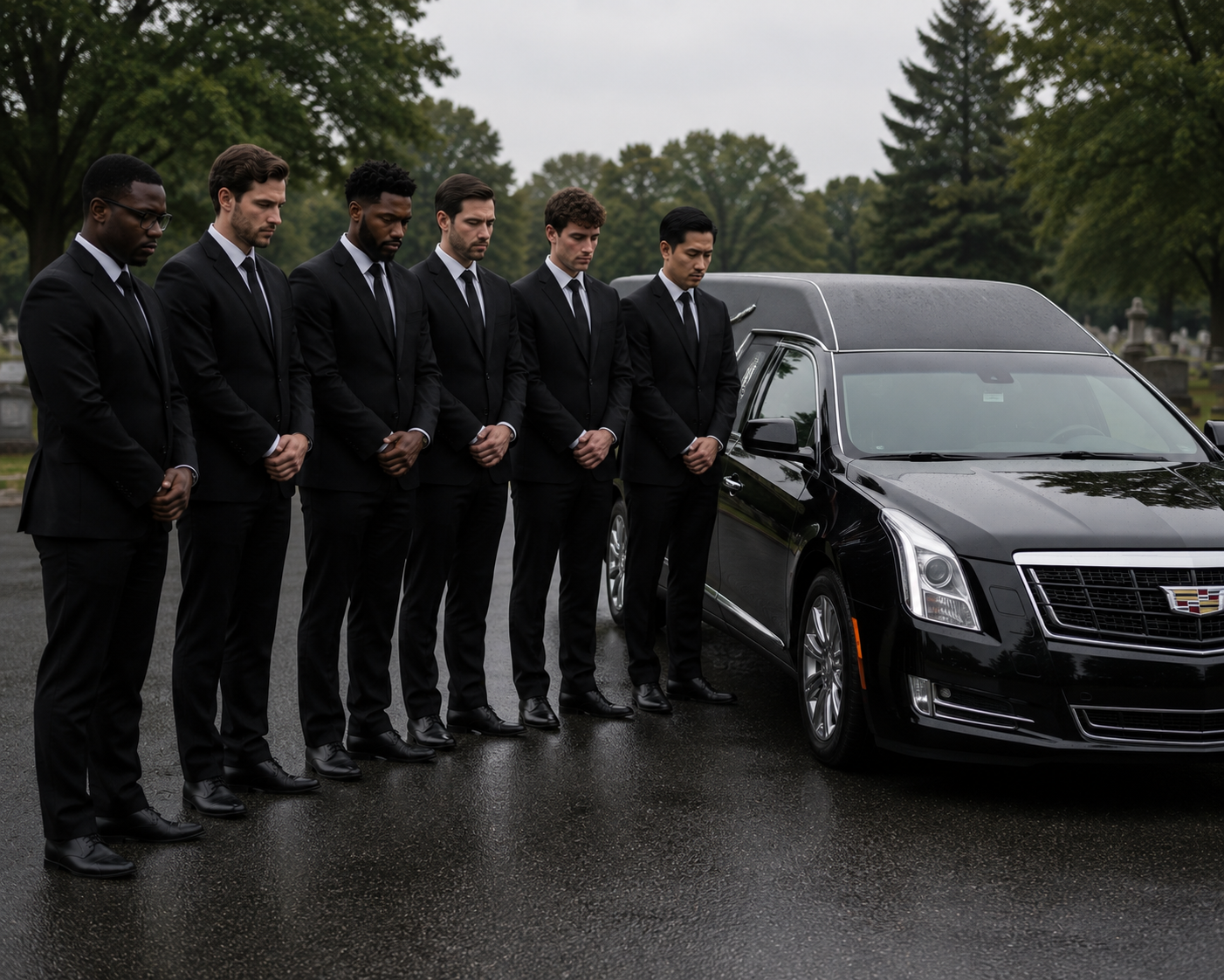 Six men dressed in black suits and ties standing with heads bowed next to a hearse at a cemetery on a rainy day.