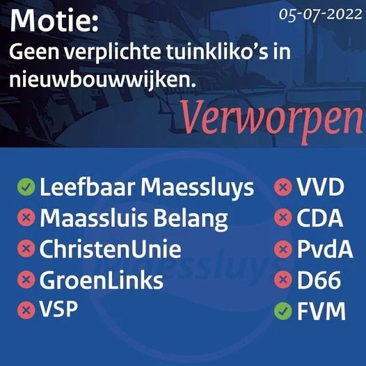 Motie: Geen verplichte tuinkliko’s in nieuwbouwwijken.
