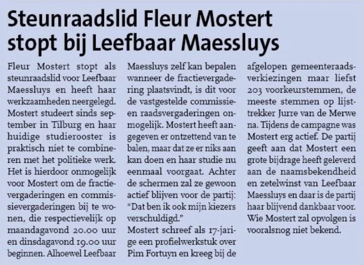 Fleur Mostert stopt als steunraadslid.