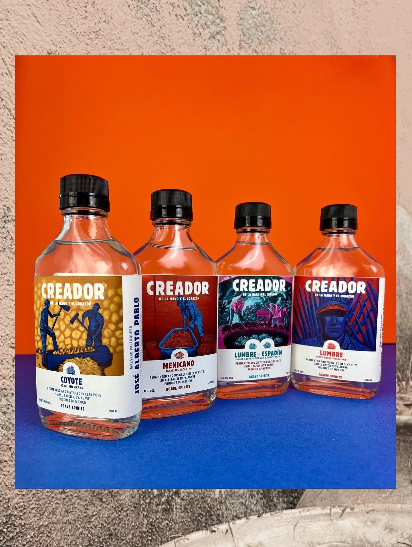Creador Sampler - Four expressions, each 200ml bottling - Lumbre, Lumbre + Espadín Ensamble, Mexicano, and Coyote.
Buy online at creadorspirits.com. 
#agavespirits 
#destiladodeagave 
#smallbatchmezcal 
#creadorspirits 
#claypotdistillation