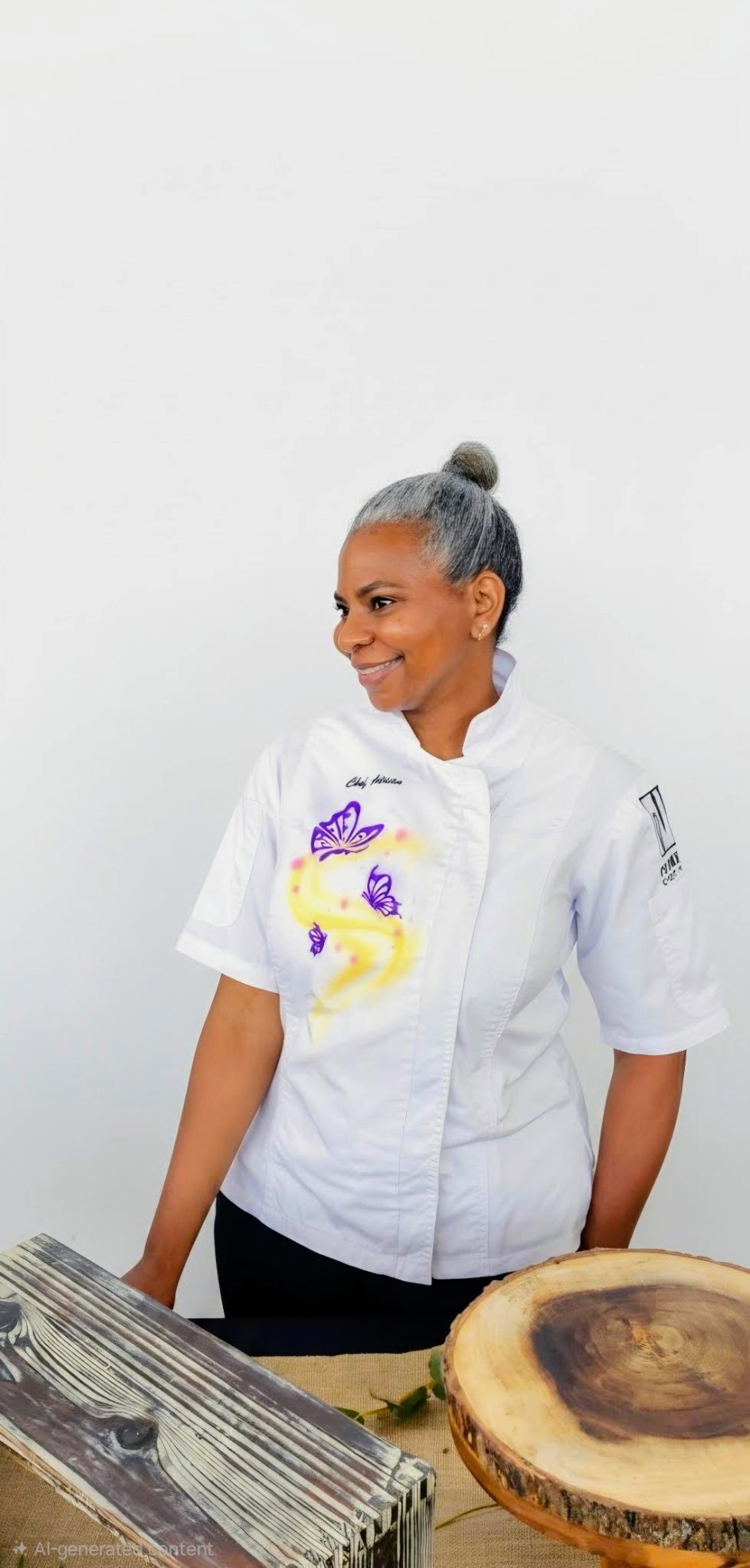 A smiling woman wearing a white chef's coat with purple butterfly designs stands next to a table with a wooden log and a striped metal object.