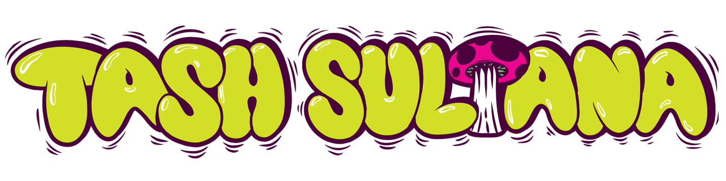 Graffiti-style logo of 'Tash Sulama' with a pink mushroom in the center replacing the letter 'I' and slimy green lettering outlined in purple.