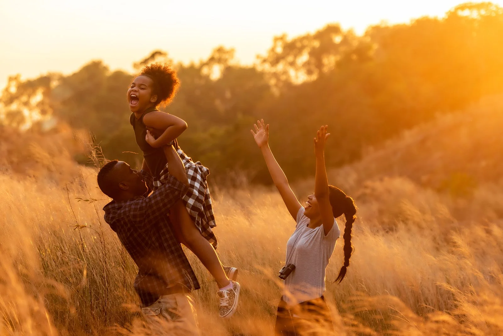 Picture of family looking joyful in a field together