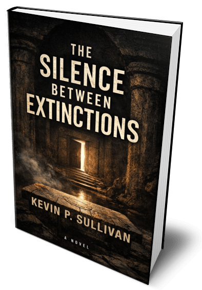 Image of historical thriller, "The Silence Between Extinctions" with pyramids, an ancient temple, and a secret door.