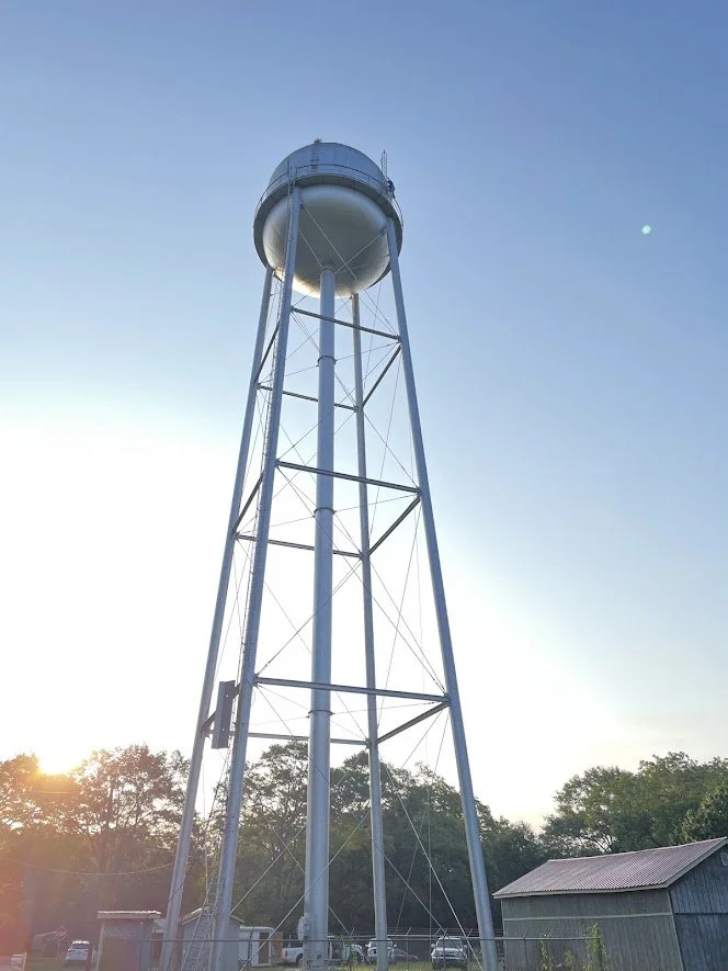 View of the water tower looking up from the ground.