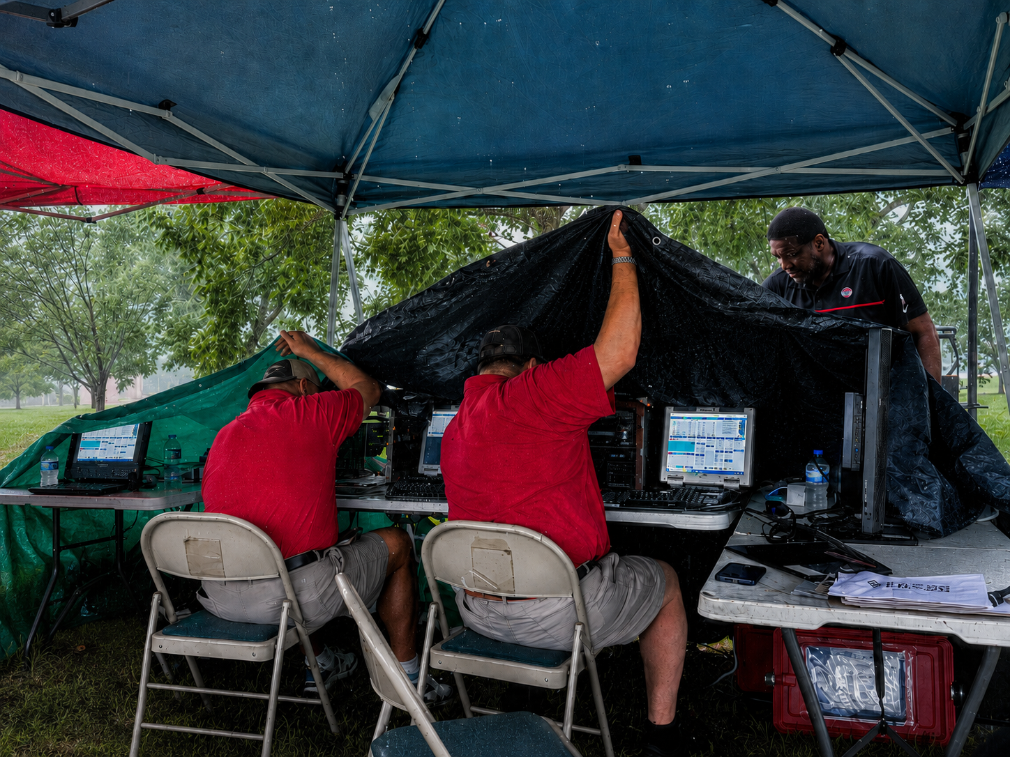 Kevin (KR4BDR) and Andy (KQ4VVW) work radios in the rain with Rob (N2WGK) helping, at summer Field Day, 2026.