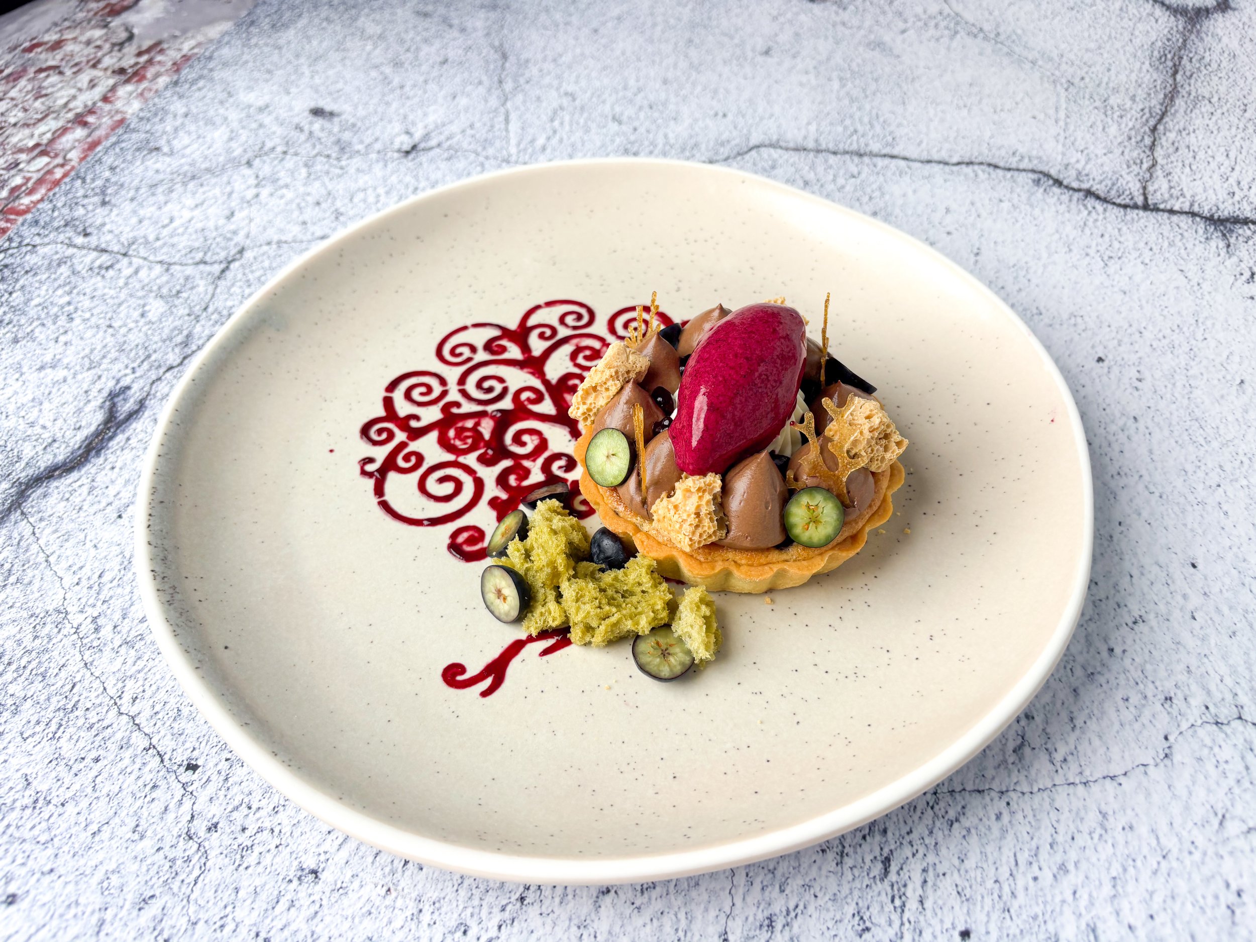 Fangipane tart, chocolate mousse, raspberry sorbet.jpg