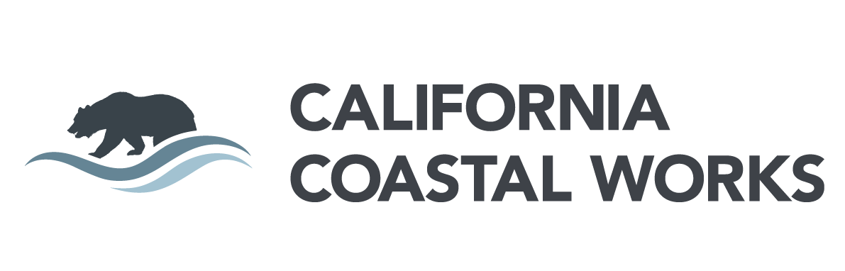 Logo of California Coastal Works featuring a bear walking on wavy water lines