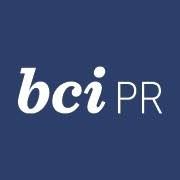 Logo of BCI PR with white text on a dark blue background