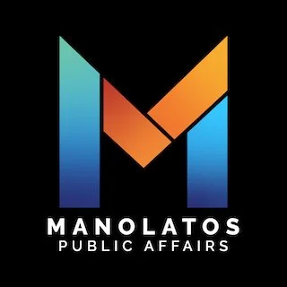Logo with a stylized letter M in gradient blue, orange, and black, and the text 'MANOLATOS PUBLIC AFFAIRS' underneath.
