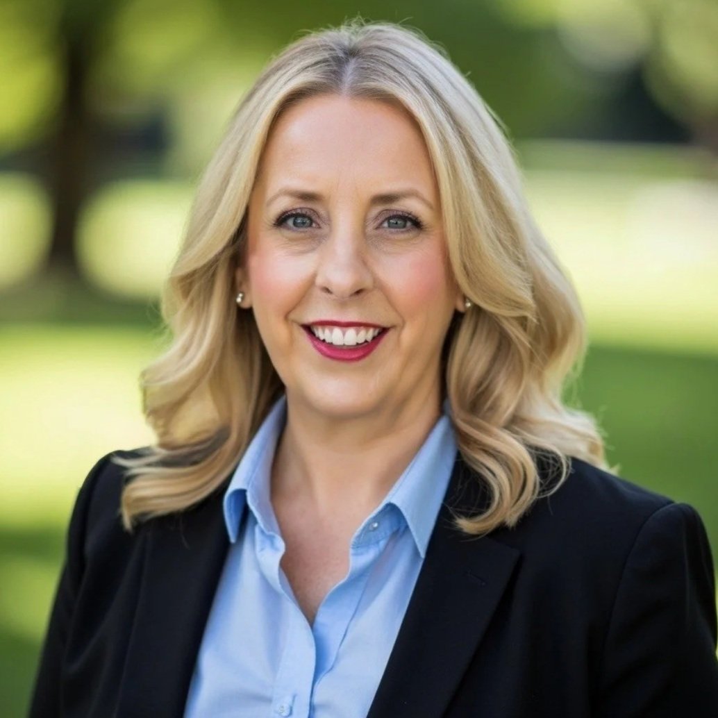 A woman with blonde curly hair, wearing a black blazer and blue shirt, smiling outdoors with blurred green trees in the background.