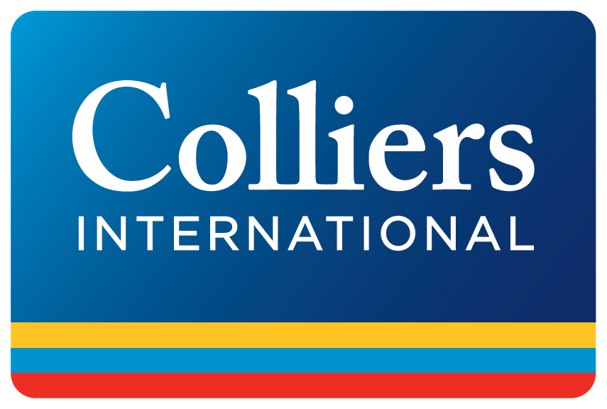 Logo of Colliers International with a blue background and yellow, blue, and red stripes at the bottom.