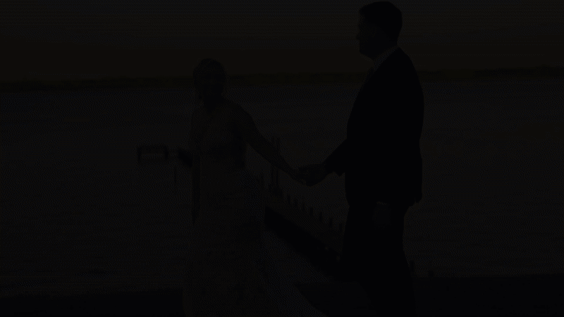 A silhouette of a newlywed couple holding hands on a beach at sunset.