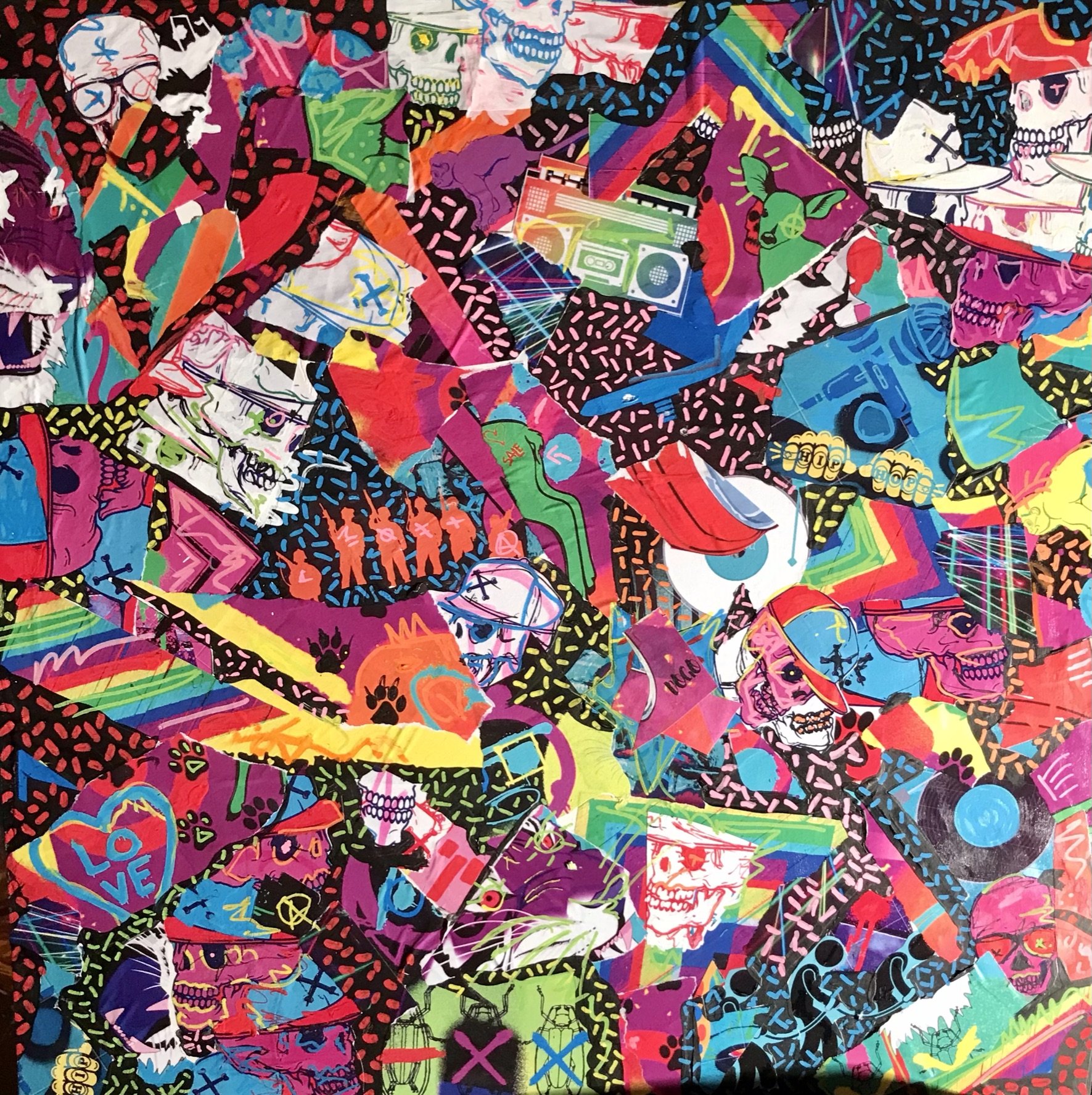 Collage, peinture et crayons acryliques sur panneau de bois aggloméré
24"X24"