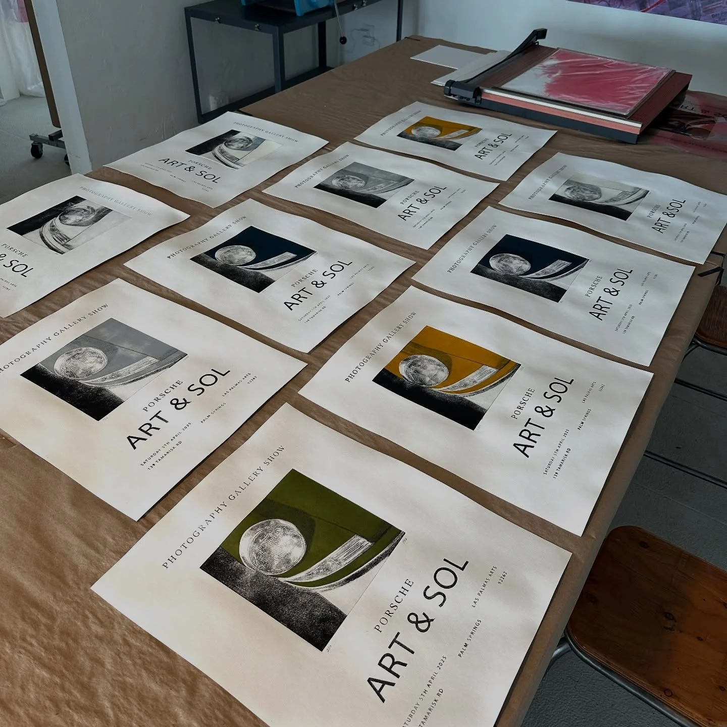 Putting the final touches on this year&rsquo;s @porscheartandsol event print! Each print is hand inked with three different plates and run through the press each time, to create a series of 10 unique prints.