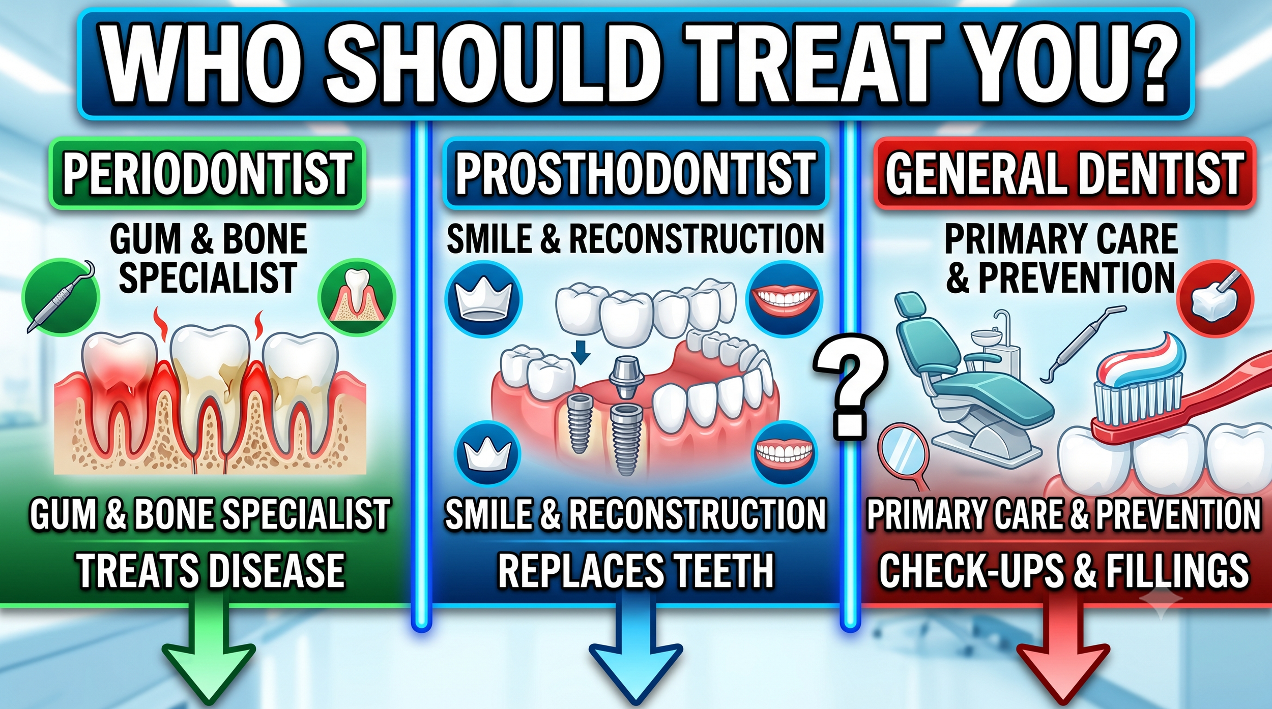 Periodontist vs. Prosthodontist vs. General Dentist: Who Should Treat You? 牙周專科 vs. 修復專科 vs. 一般牙醫：誰應該治療您？