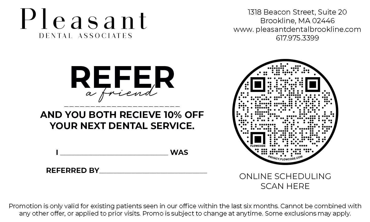 Pleasant Dental Brookline Referral Card