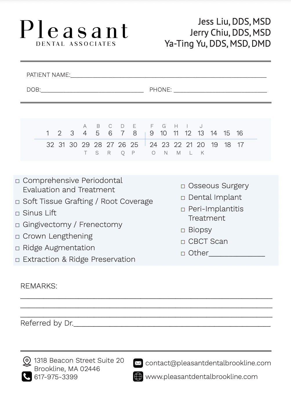 Pleasant Dental Brookline Referral Form