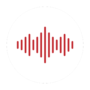 Red soundwave icon on a white circle background with a black outer border.