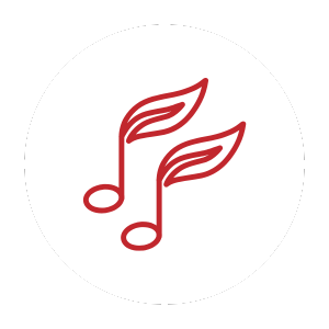 Icon of two musical notes with leaf shapes, black background, white circular backdrop.