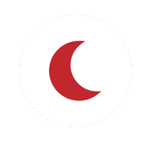 A black background with a white circle in the center, containing a red crescent shape.