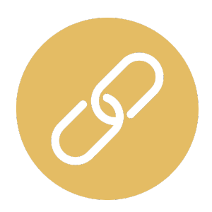 Black link icon inside a gold circle on a black background.