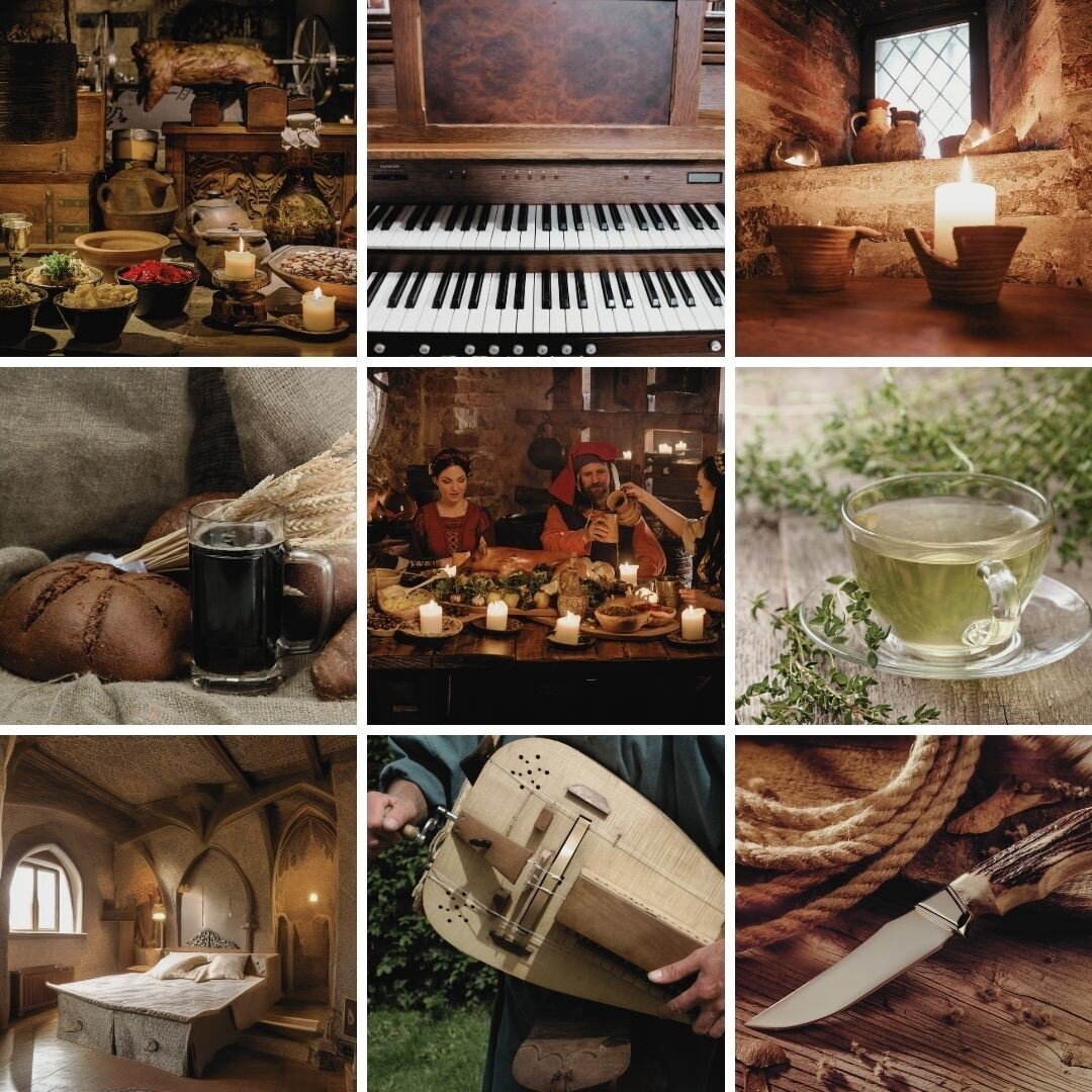 New mood board I made for my current WIP, MEMORIES OF THE GOOD THYME INN. About halfway through drafting it right now! It starts as Dark Fantasy, but after a successful anarchist revolution, becomes cozy!

@shadowsparkpub 

#cozyfantasy #darkfantasy 