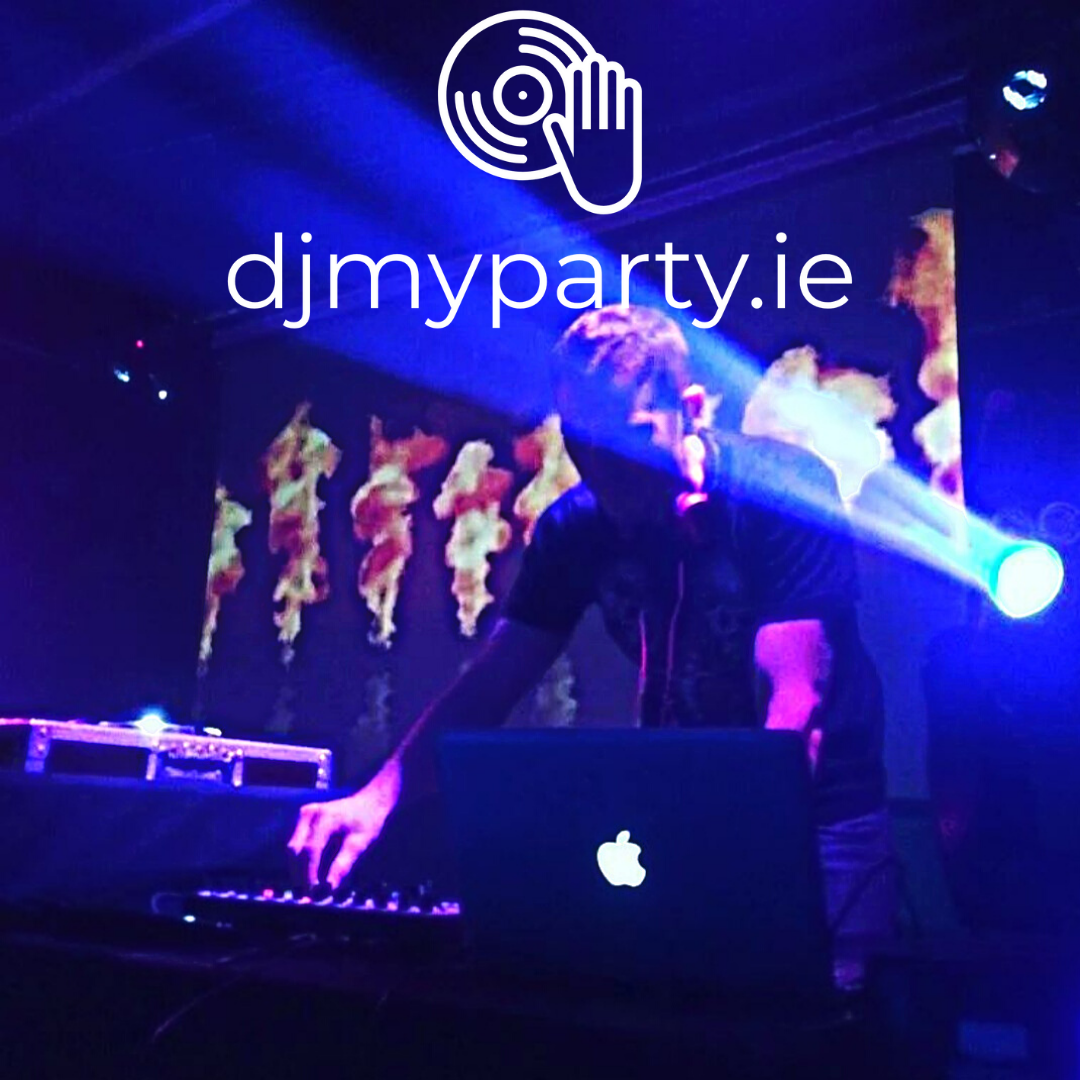 DJ performing on stage with laptop and mixing equipment; colorful lights and graphics in the background, text "djmyparty.ie" displayed prominently.