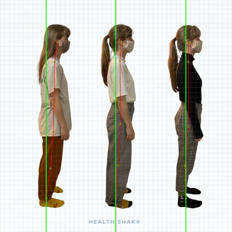 Side view of three women standing in profile, each with a straight posture and vertical green and red alignment lines indicating proper spinal alignment, in front of a graph paper background. All women are wearing face masks and casual clothing.