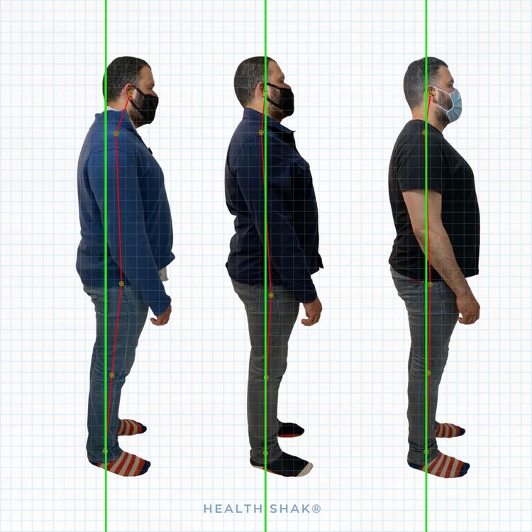 Side profile images of three men standing in a line, wearing masks and casual clothes, with grid lines and alignment markers indicating posture and alignment analysis.