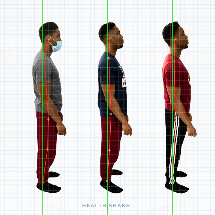 Side view of three men standing in profile, demonstrating different postures, with grid lines and posture analysis marks; the first man is wearing a face mask, the second is in a dark t-shirt, and the third in a red t-shirt, all facing right.