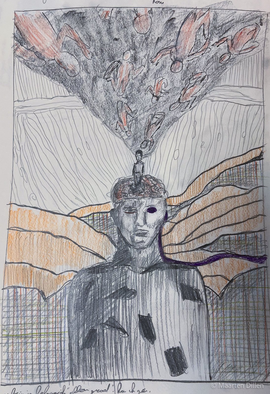 Sketch "Generic Man", 2025, colored pencils, graphite and pen on paper - dimensions (50cm x 35cm)