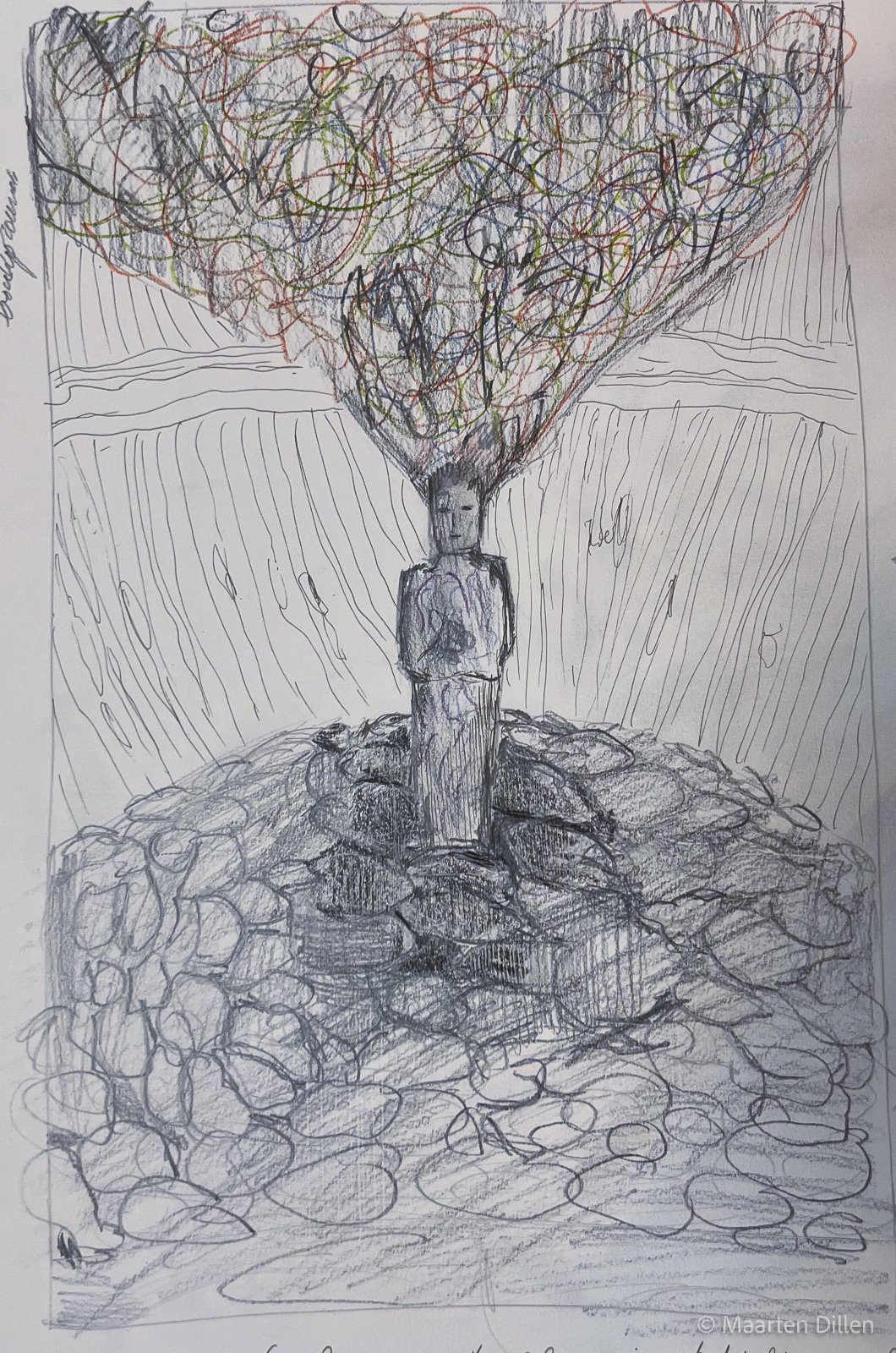 Sketch "Overload", 2025, colored pencils, graphite and pen on paper - dimensions (50cm x 35cm)