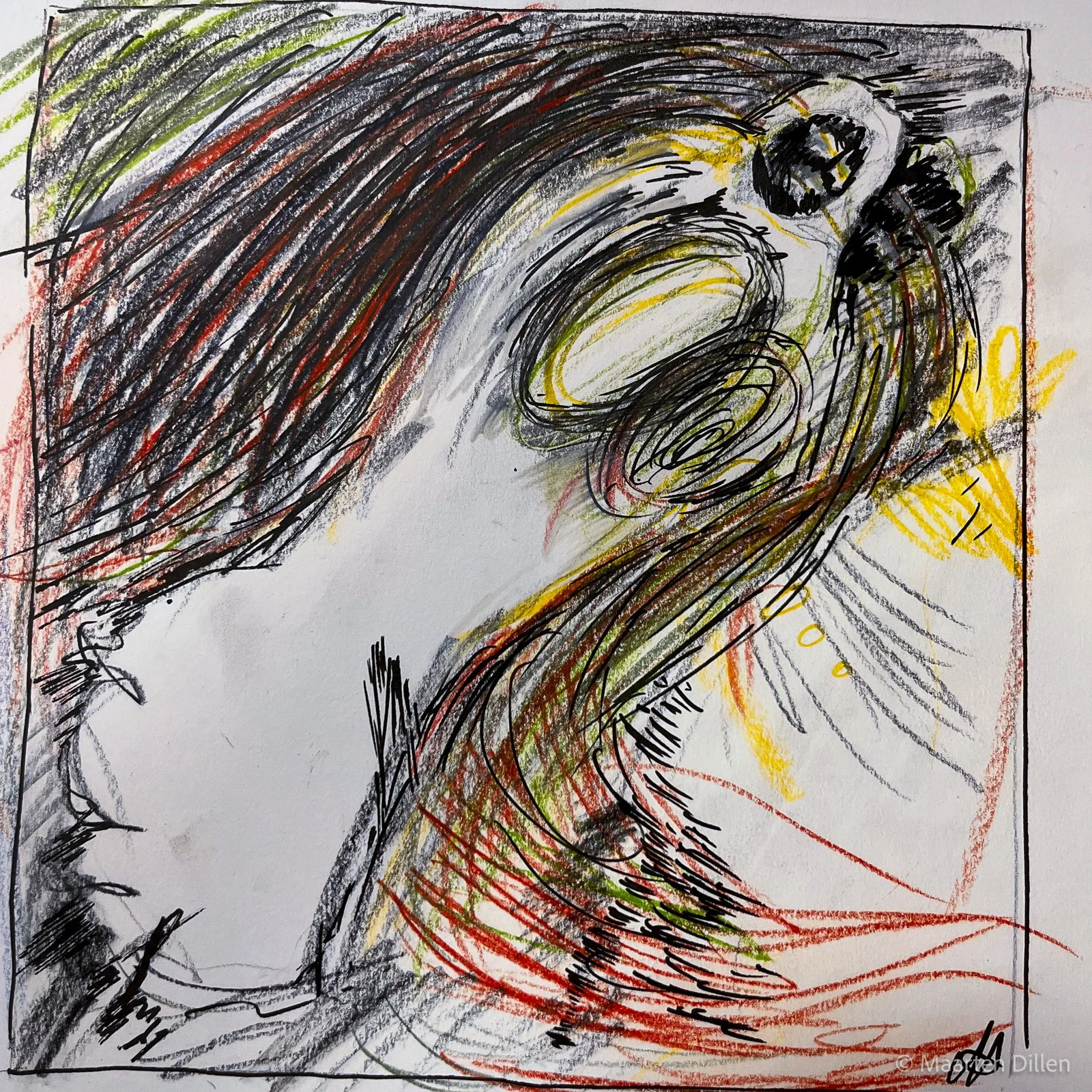 Sketch "ghost 1", 2025, colored pencils, graphite and pen on paper - dimensions (35cm x 35cm)