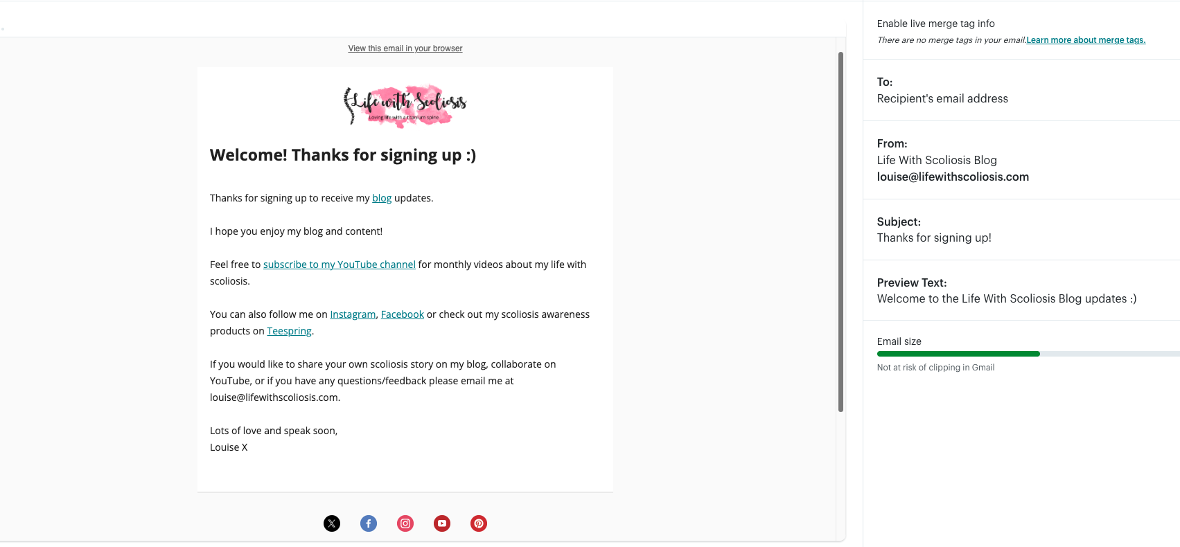 Life with scoliosis email marketing example