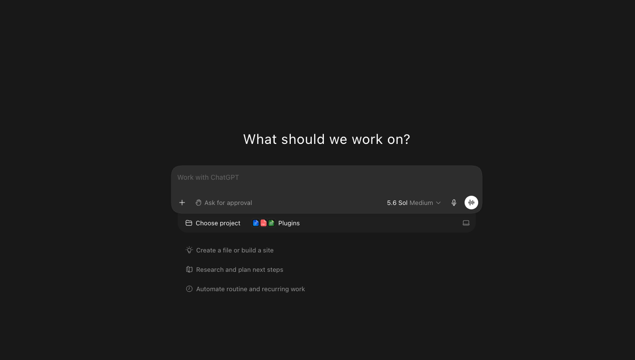 ChatGPT Work mode start screen with options to create files, research and plan next steps, or automate recurring work.