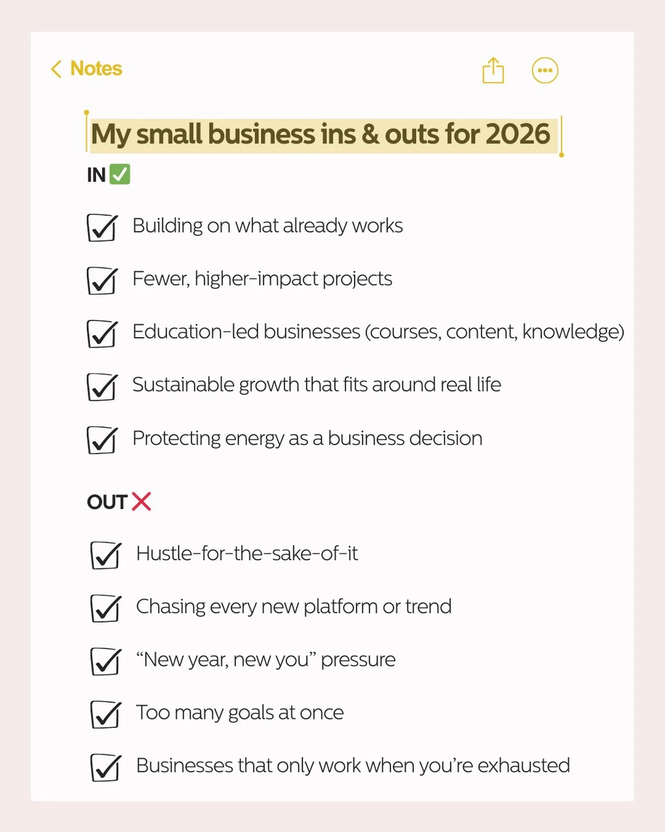 My small business ins &amp; outs for 2026 ✨

This year, I&rsquo;m focusing less on doing more, and more on doing what actually works.

That means building on existing foundations, choosing fewer high-impact projects, and making sustainability (and en