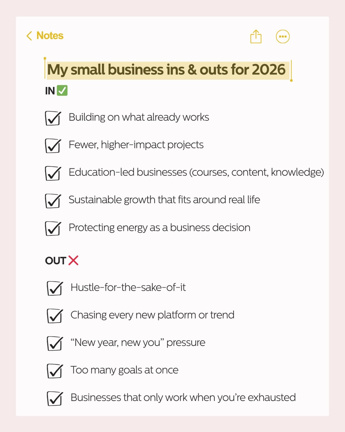 My small business ins &amp; outs for 2026 ✨

This year, I&rsquo;m focusing less on doing more, and more on doing what actually works.

That means building on existing foundations, choosing fewer high-impact projects, and making sustainability (and en