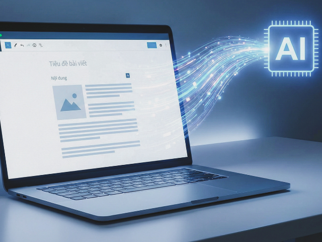 Laptop displaying a blog post with AI data flowing into the screen, representing AI search and blogging in 2026