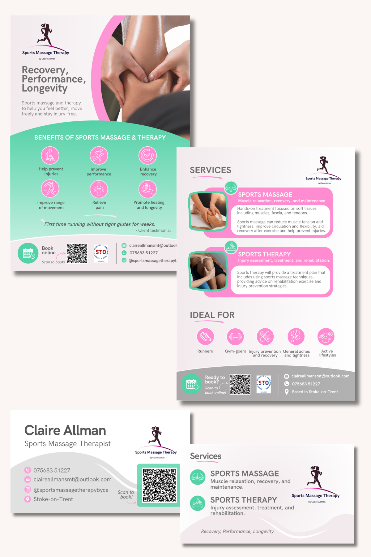 Flyer and business-card designs created by Louise Laurie for a local sports massage and therapy business.
